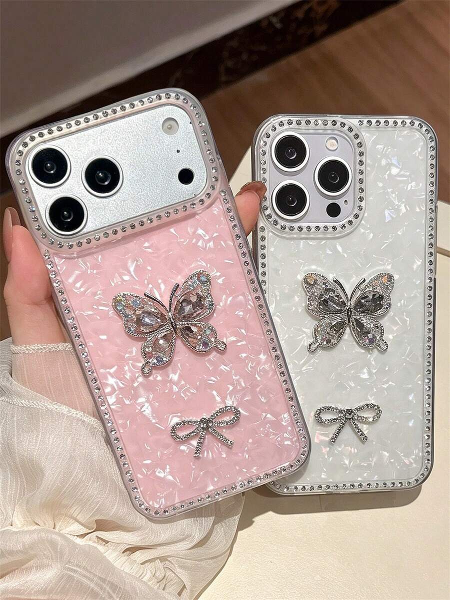 Funda de teléfono con patrón de concha rosa, mariposa con brillos de strass, compatible con iPhone 17 Pro Max, 17 Pro, 17, 16 Pro Max, 16 Pro, 16, 15 Pro Max, 15 Pro, 14 Pro Max, 14 Pro, 13, cubierta protectora de lujo y moda