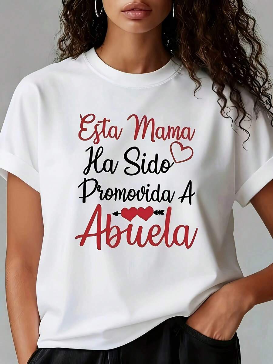 Camiseta de mujer, texto en español Esta Mama Ha Sido Promovida A Abuela (Esta mamá ha sido promovida a abuela), texto impreso, camiseta blanca de manga corta con cuello redondo, lavable aáquina, estilo casual, ajuste cómodo, diseño moderno, versátil para uso diario, tela suave, estilo moderno - Camiseta unisex de algodón de manga corta y cuello redondo, estilo vintage urbano. - Blanco - Ver 1
