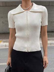 Chaqueta de punto con cremallera de unicolor casual de negocios para mujer - Blanco - Ver 5