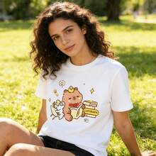 Tops para mujer Casual de Algodón para Mujer, Manga Corta, Cuello Redondo, con Estampado de Dibujos Animados - Blanco - Ver 5