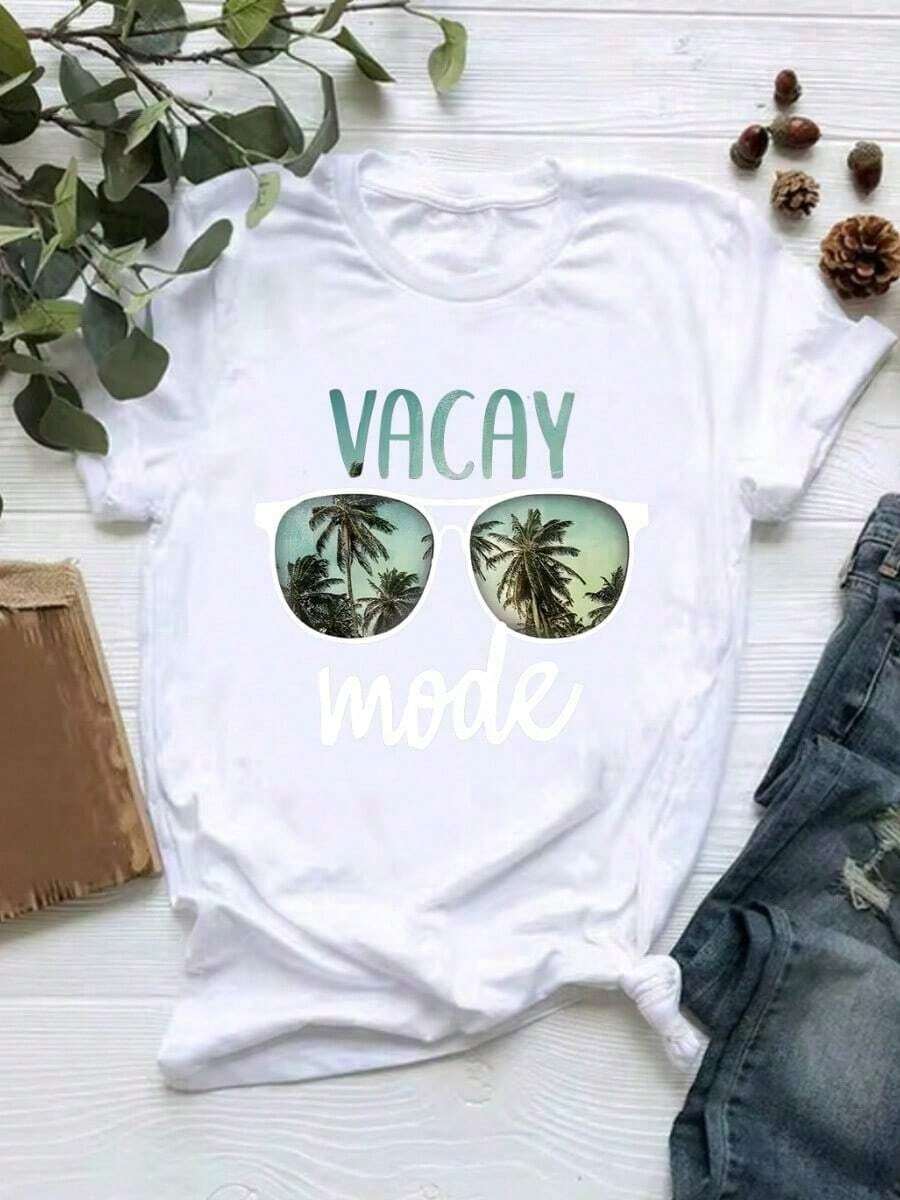 Camiseta Casual para Mujer, Elegante y Estampada, Cómoda, a la Moda, de Manga Corta y Cuello Redondo, para Uso Diario, 100% Algodón, Duradera - Blanco - Ver 1