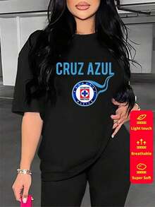 Camiseta de manga corta para mujer, cuello redondo, holgada, casual y versátil, nuevo estampado de CEMENTO CRUZ AZUL, ideal como capa base, tejido suave con buena caída - Negro-3 - Ver 2