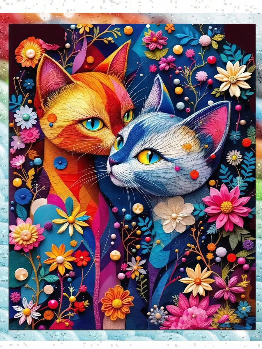 成人彩色猫咪钻石画套装 - 全钻花卉情侣猫咪钻石画,成人动物马赛克套装,成人手工艺术,钻石画墙饰 - 圓鑽 - 查看 1