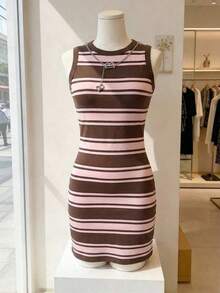 Vestido básico casual de ajuste ceñido con estampado de bloques de color y rayas - Multicolor 7 - Ver 4