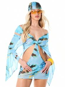WOMEN Vestido mini de malla con estampado abstracto de acuarela, mangas de campana descubiertas del hombro, detalle de nudo delantero, para verano y playa - Azul - Ver 1