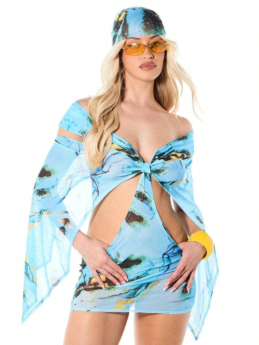WOMEN Vestido mini de malla con estampado abstracto de acuarela, mangas de campana descubiertas del hombro, detalle de nudo delantero, para verano y playa - Azul - Ver 1