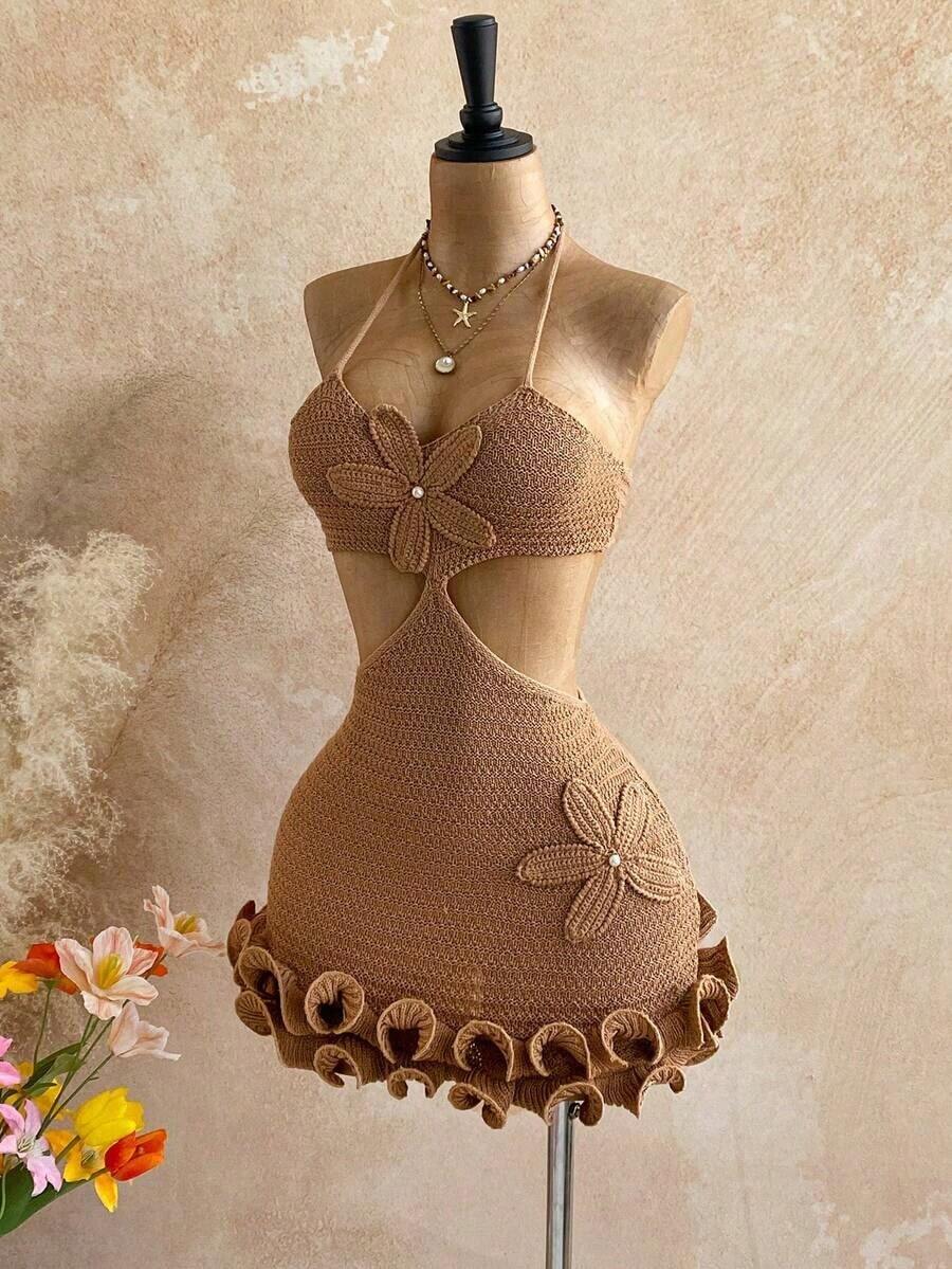 Vestido de suéter con volantes y decoración floral casual de color caqui para mujer, adecuado para playa, crucero, vacaciones en la ciudad, citas festivas, té de la tarde, festivales de música, estilo bohemio, vestidos de verano, fiesta - Caqui - Ver 1