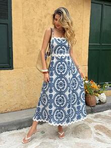 Vestido de tirantes con estampado todo sobre casual de vacaciones para mujer, verano - Azul - Ver 4