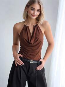 Glazenia Summer Elegant Fashion Sexy Metal Halter Neck Ruched Backless Solid Color Tank Top Casual Brown - Brown - View 3