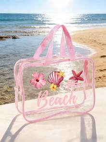 「Beach」字母印花 PVC 防水海灘包（附貝殼與海星）| 透明 PVC 托特包 | 洗漱包 | 化妝包 | 手提包 | 旅行必備 | 適合夏季海灘度假與休閒假期 | 便攜旅行化妝包 | 收納包 | 適用於度假、浴室、海灘、游泳與旅行場景 | 生日禮物、節日禮物、派對禮物、返校季與假期必備 - 彩色 - 查看 6