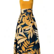Holidaya Women Tropical Plant Printed Cross Wrap Cami Sleeveless Dress With Spaghetti Straps Maxi Women Outfit - Verde militar - Ver 4