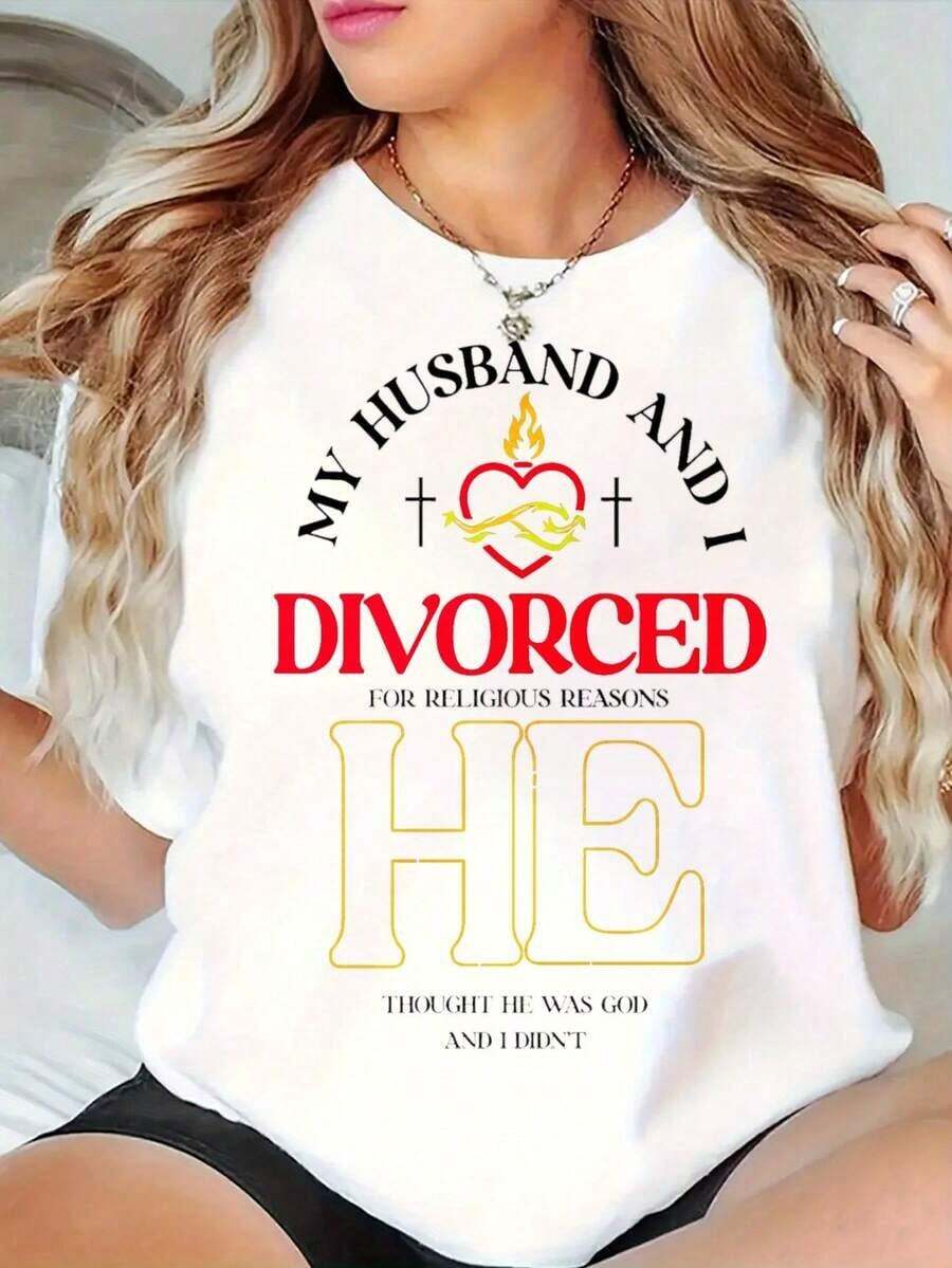Camiseta Negra con Diseño de Humor Religioso sobre el Divorcio para Uso Casual - Blanco - Ver 1