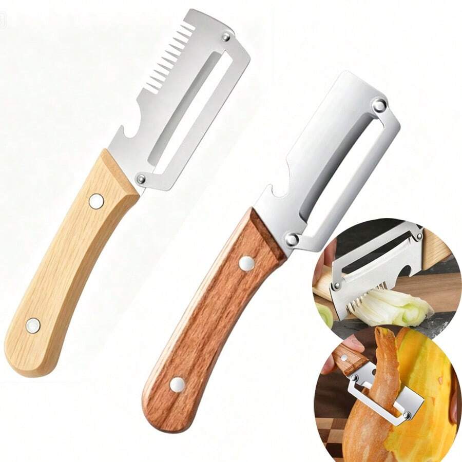2pcs/1pc Thick Stainless Steel & Wooden Handle Peeling Knife, Kitchen Potato Peeler, Onion Slicer, Fruit Peeler, Multi-Function Household Tool - Multicolor - View 1