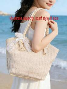 Bolso de playa de paja para vacaciones de verano, de gran capacidad, de moda, versátil, bolso de hombro casual - Blanco - Ver 9