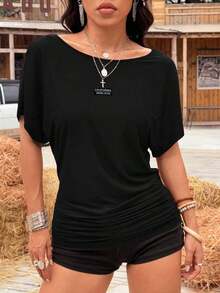 Camiseta casual de color marrón sólido para mujer, adecuada para primavera/verano - Negro 3 - Ver 5