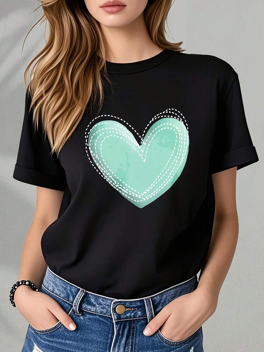 Top Casual de Verano Para Mujer | Camiseta Gráfica de Moda Con Estampado de Corazón Rojo Y Deta de Punts, Perfectara Año Nuevo, Valentine'S Day, Carnival, St Patrick'S Day, Y Easter | Manga Corta Ligera, Uso Diario, Corte Hoado