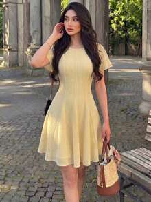 Vestido elegante y romántico de manga corta con encaje tejido amarillo, cintura y línea A para mujer, primavera/verano - Amarillo - Ver 7