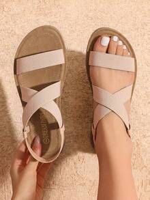 Women's Blush Flat Sandals For Women, Open Toe Elastic Cross Ankle Strap Fashion Summer Flat Sandals - 杏色 - 查看 2