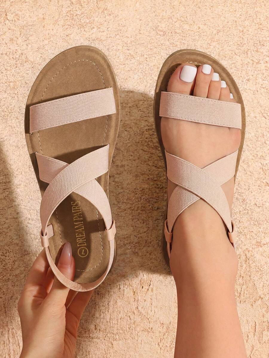 Women's Blush Flat Sandals For Women, Open Toe Elastic Cross Ankle Strap Fashion Summer Flat Sandals - Apricot - View 1