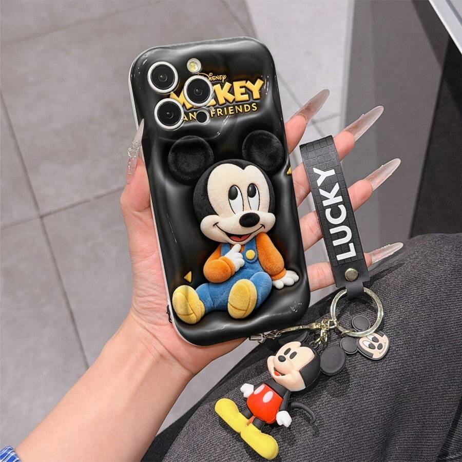 Disney Mickey Mouse Phone Case With Mickey Charm And Lanyard - Cute Mickey Protective Case With Casual Overalls And Black Background Design, Equipped With Delicate Mickey Decorative Lanyard And Beaded Bracelet For Easy Carrying, Compatible With IPhone 17, 16, 15, 14, 13, 12, 11 Pro Series, Ideal For Birthdays, Holidays, Anniversaries, Graduation Gifts, Or Any Special Occasion To Surprise Family, Friends, Classmates, And Loved Ones. - 白色 - 查看 1