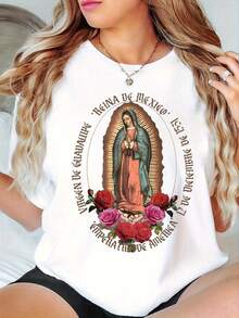 Women's Pure Cotton T-Shirt, Extra Large Size, With Religious God Print - Short Sleeve Crew Neck T-Shirt, Medium Elastic Casual Blouse For Church, Prayer And Casual Wear - Machine Washable Spring Summer Clothes - Regular Fit - Women's Going Out Blouses - 白色 - 查看 1