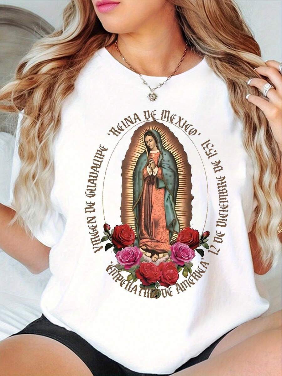 Women's Pure Cotton T-Shirt, Extra Large Size, With Religious God Print - Short Sleeve Crew Neck T-Shirt, Medium Elastic Casual Blouse For Church, Prayer And Casual Wear - Machine Washable Spring Summer Clothes - Regular Fit - Women's Going Out Blouses - 白色 - 查看 1