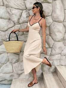 Vestido de tirantes casual de vacaciones con detalles en contraste para mujer - Albaricoque - Ver 10