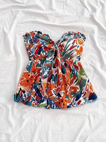 Top sin tirantes con nudo delantero y detalle de volantes con estampado de frutas color albaricoque, azul y amarillo para vacaciones de verano y tiempo libre con diseño fruncido en la parte posterior - Multicolor - Ver 6