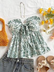 Parte superior corta de tubo con estampado floral romántico y volantes, lazo delantero, detalle de lazo, dobladillo con volante en A, para vacaciones, Día de San Valentín, boda, ropa de mujer para vacaciones de San Valentín, cumpleaños de mujer, verano para mujer - Verde - Ver 1