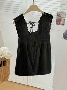Blusa sin mangas de verano para mujer, de unicolor con parches de encaje - Negro - Ver 4