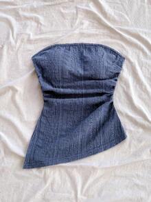 Blusa ajustada con diseño arrugado, abertura lateral y bajo asimétrico en textura azul para vacaciones de mujer - Azul - Ver 3