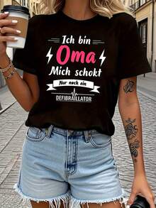 Camiseta casual de manga corta y cuello redondo para mujer, talla grande, con estampado de texto en alemán, parrimavera - verano, para salidas diarias - Negro - Ver 2