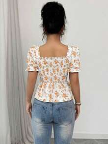 Blusa de mujer con estampado floral diminuto, mangas abullonadas y dobladillo con volantes - Amarillo - Ver 2