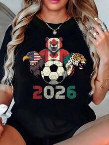 100% cotton Playera Negra de Mujer del Mundial 2026 México USA Canadá con Águila Oso y Jaguar, Camiseta Aesthetic de Sedes de Fútbol Manga Corta, Top Moderno de Fanático Unidos 2026, Blusa Casual de Moda Deportiva - Negro - Ver 1
