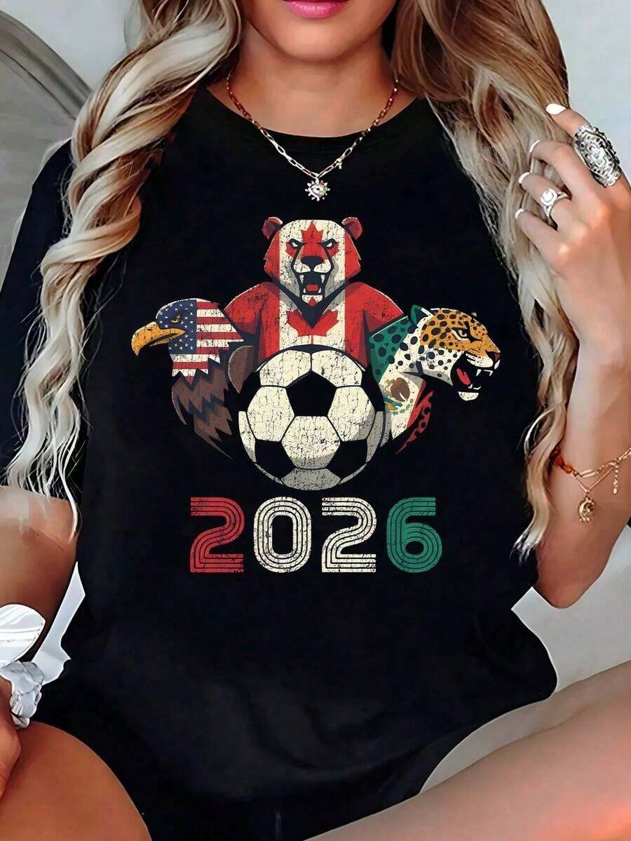 100% cotton Playera Negra de Mujer del Mundial 2026 México USA Canadá con Águila Oso y Jaguar, Camiseta Aesthetic de Sedes de Fútbol Manga Corta, Top Moderno de Fanático Unidos 2026, Blusa Casual de Moda Deportiva - Negro - Ver 1