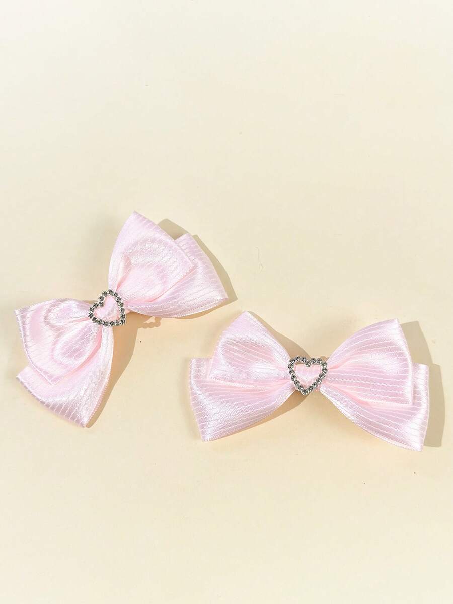 2pcs Women's Solid Color Heart & Bow Hair Clips,Hair Claws,Bobby Pin - Pink - View 1