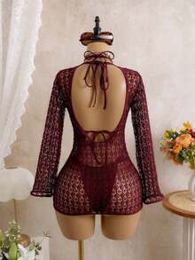 Conjunto de bikini de atar elegante y vintage de color marrón sólido para mujer, ideal para vacaciones y uso casual. Vestido con textura como cubierta de traje de baño, ropa de playa para primavera/verano - Burdeos - Ver 9