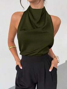 negra ajustada de estilo casual y elegante para la temporada de primavera/verano, con cuello asimétrico, sin mangas, escote halter, espalda descubierta y decoración de lazo - Verde militar - Ver 3