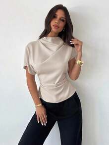 Blusa de bambú y lino con cuello arrugado, mangas asimétricas, plisado lateral y cintura ceñida, para uso diario, color albaricoque, para todas las estaciones - Albaricoque - Ver 8