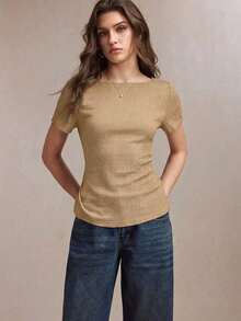 Nueva camiseta de punto texturizada con cuello de barco color café con leche, diseño de lazo ajustable en la cintura, versátil para la oficina, el transporte, los negocios, las ocasiones sociales, estilo Y2K - Marrón - Ver 2
