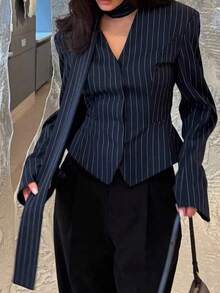 Chaqueta de blazer elegante a rayas para mujer, chaqueta de lujo de manga larga con cuello en V y bufanda anudada para mujer, prenda exterior de primavera - Azul - Ver 1