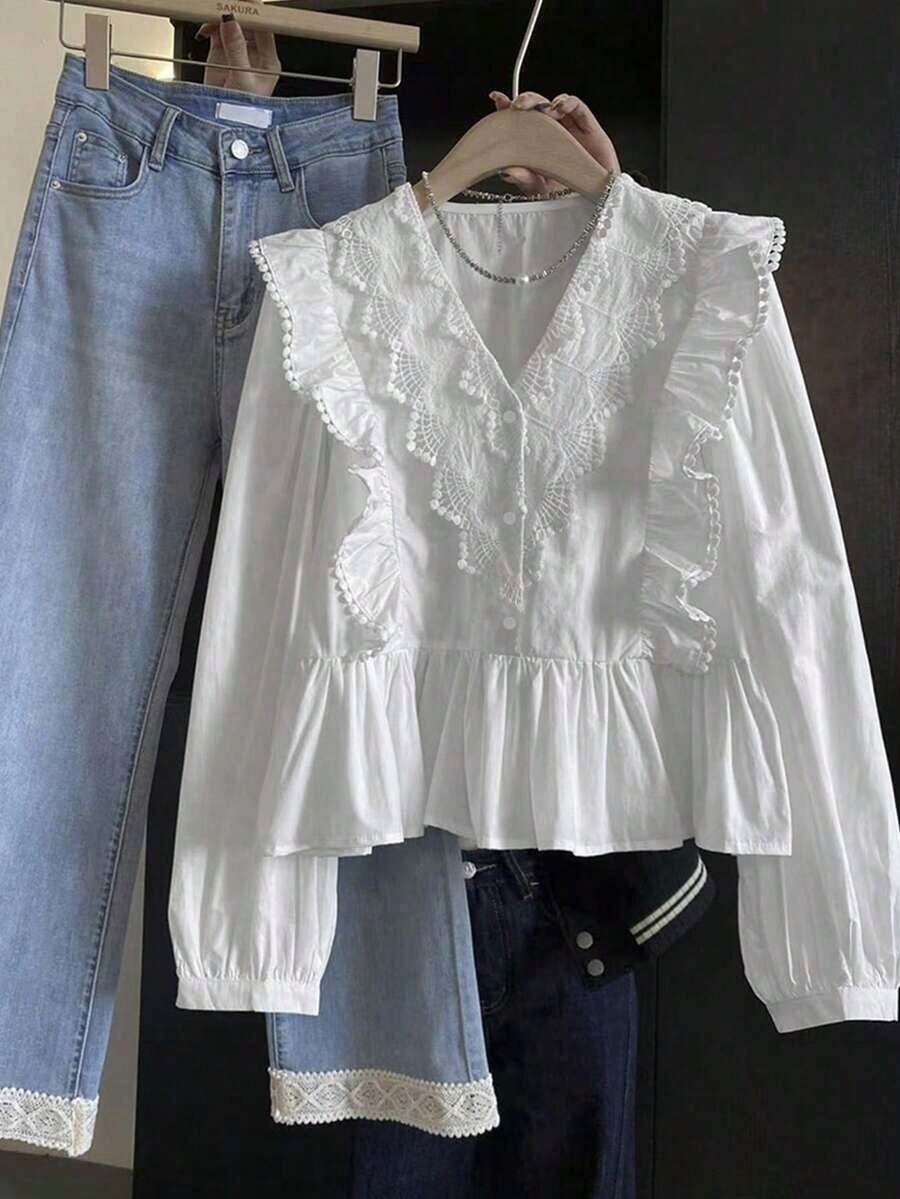 ii Blusa de manga larga con volantes, parches de encaje y unicolor casual blanca para primavera - Blanco - Ver 1