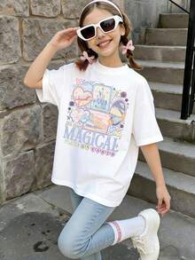 Disney The Most Magical Place On Earth  Summer Tops,Disney Disneyland Print Graphic Tee, Perfect For Cute Girls. Teen Girl Gift,Comfortable And Breathable Children's Short-Sleeved T-Shirt,Suitable For Both Boys And Girls.Suitable For Daily Wear, Vacations, Outdoor Activities, And As A Children's Gift. - trắng - Xem 1