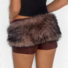ICON Women Stylish Low-Rise PU Leather Patchwork Faux Fur Shorts,Low Rise Shorts - Marrón - Ver 3