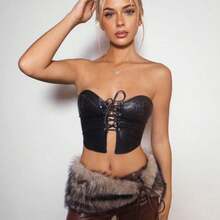 ICON Women Stylish Low-Rise PU Leather Patchwork Faux Fur Shorts,Low Rise Shorts - Marrón - Ver 7