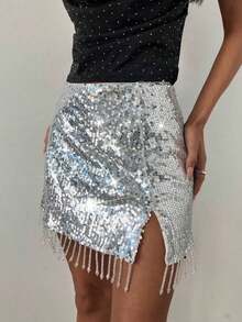 Falda de playa con flecos de lentejuelas elegante para mujeres, para festival de música Y2K, fiesta, Pascua, Día de San Patricio, carnaval, cita, concierto, concierto de country, falda verde con lentejuelas y brillo - Plateado - Ver 4