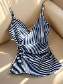 Nuevo top de tirantes finos con volantes y decoración de botones cruzados en la parte delantera, a rayas, para mujer, primavera/verano - Azul y blanco - Ver 1