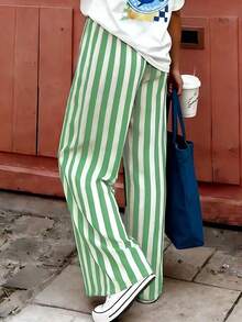 Pantalones sueltos y casuales a rayas para mujer, pantalones ligeros y cómodos de estilo bohemio elegante para primavera, verano y otoño, vacaciones en color rosa - Verde - Ver 8