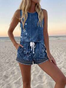 Conjunto de 2 piezas: top de tirantes con cuello redondo y estampado floral vintage casual, y camiseta de manga corta, apropiados para el verano - Azul - Ver 6