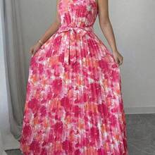 Plus Size Women's Spring/Summer New Romantic Vacation Style Fuchsia Halter Maxi Dress, Ombre Floral Pleated Slimming Long Dress. Suitable For Island Vacation, Beach Party, Holiday, Travel Photography, Urban Outing, Romantic Vacation Fashion - Multicolor - Ver 4